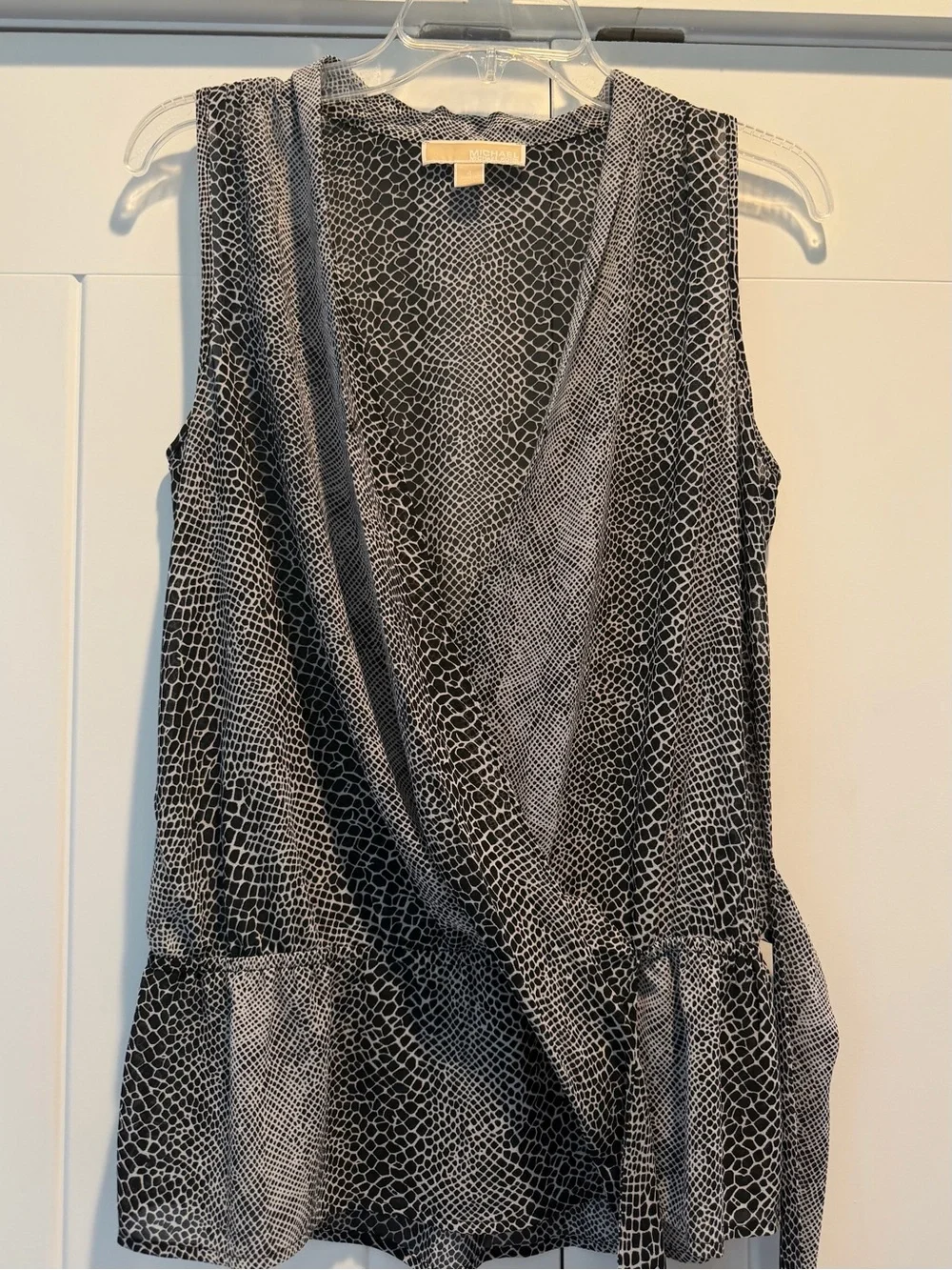 Michael Kors Black and White Animal Print Sleeveless Wrap Blouse